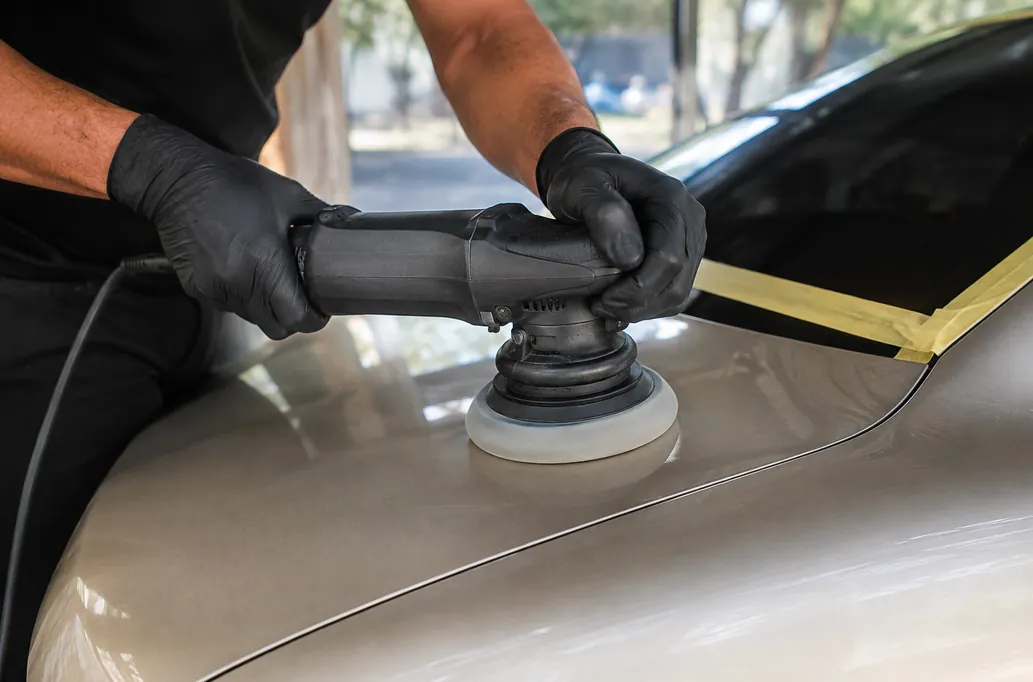 Machine polishing a vehicle hood — illustrative detailing image