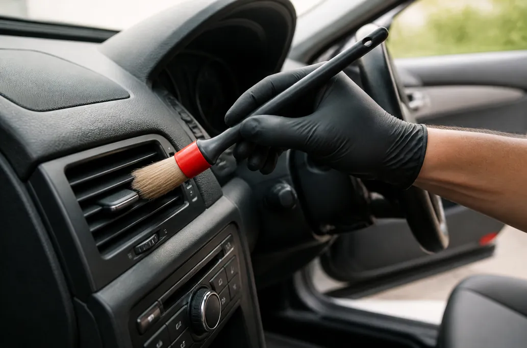 Detail brush cleaning dashboard vents — illustrative detailing image