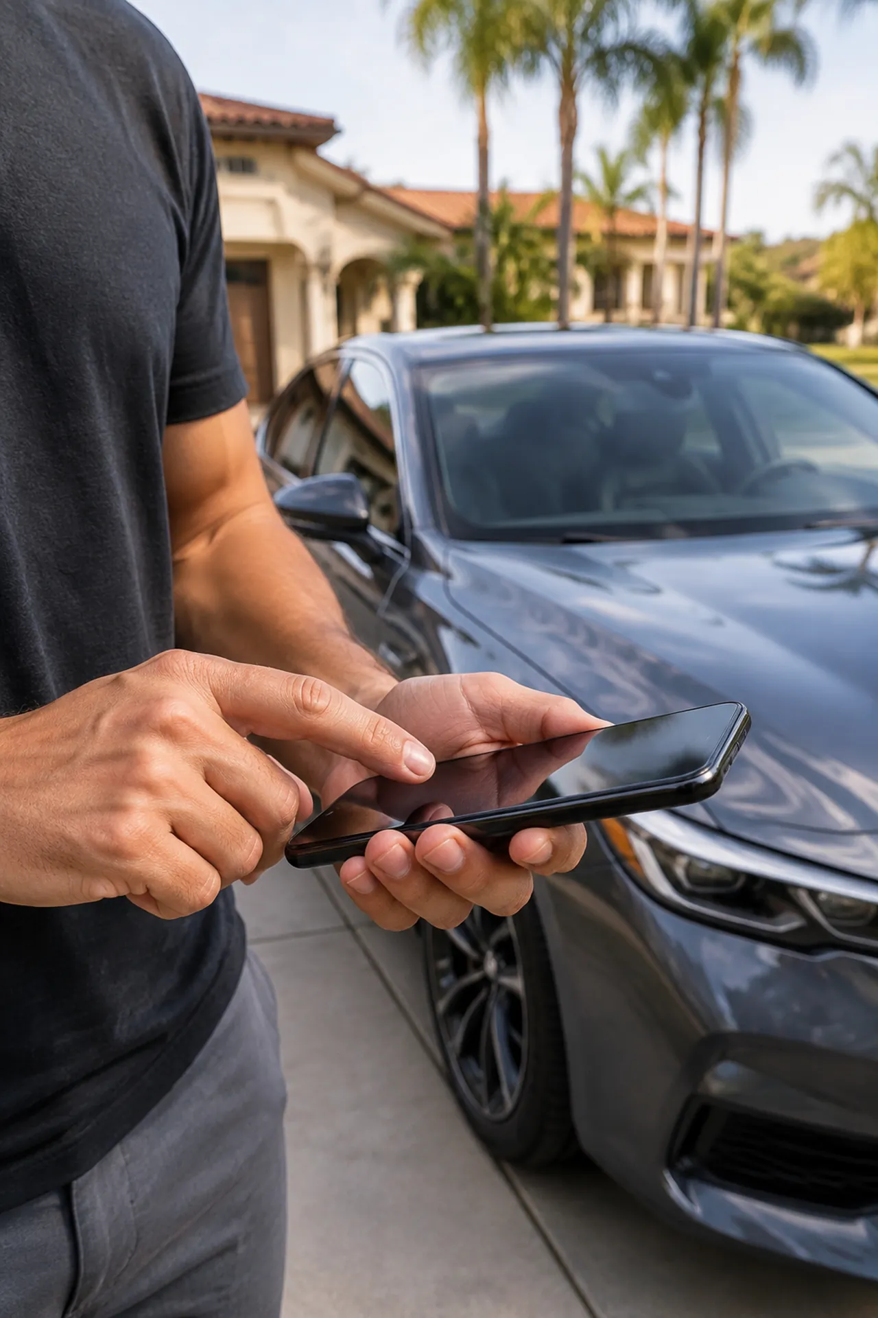 Customer using a phone beside a car to request detailing