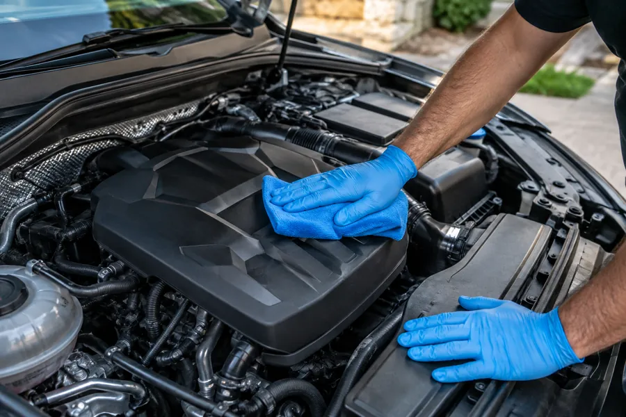 Gentle microfiber cleaning of an engine cover