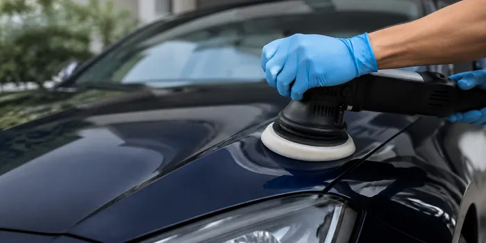 Orbital polisher working on a blue vehicle hood